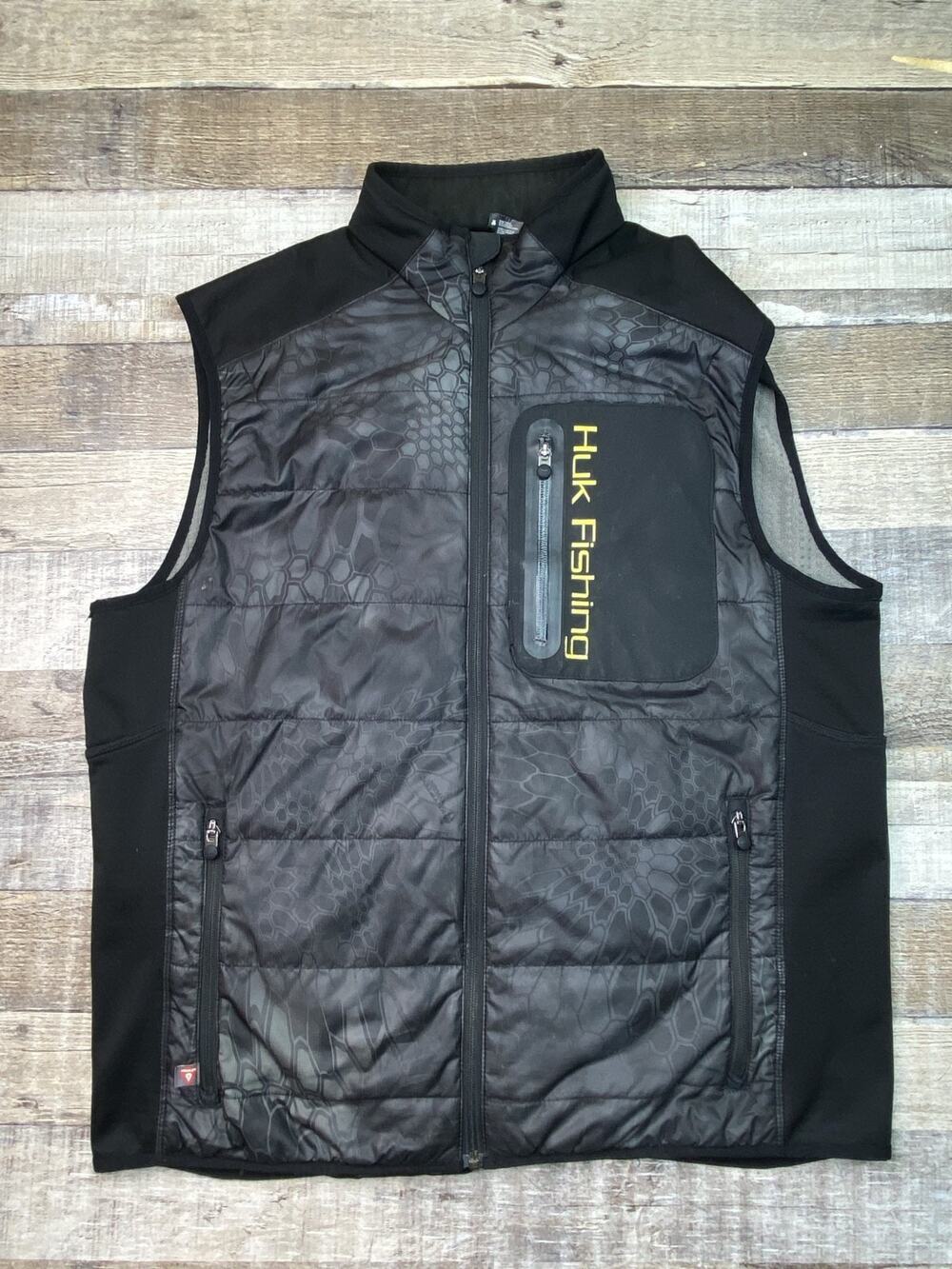 Huk Kryptek Hybrid Vest Mens L Gray Camo PrimaLoft Insulated Puffer Fishing Zip